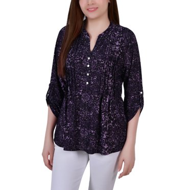 3/4 Roll-Tab Sleeve V-Neck Print Top