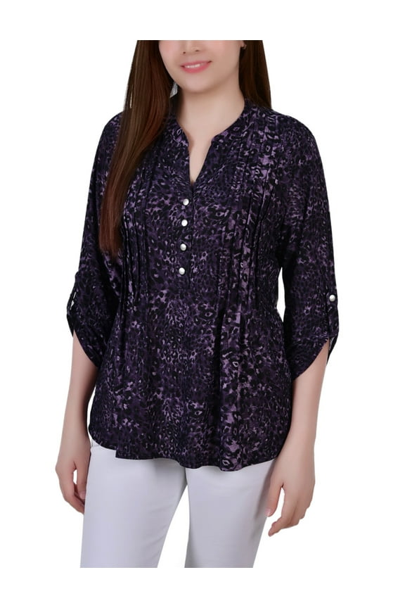 Women's 3/4 Sleeve Roll Tab Y Neck Top