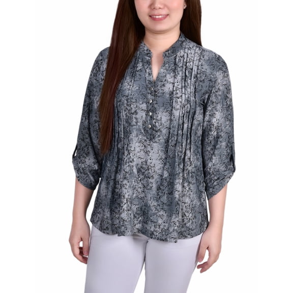 NY Collection Women's 3/4 Sleeve Roll Tab Y Neck Top