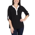 thumbnail image 1 of NY Collection Women's 3/4 Sleeve Y Neck Top Black Size Petite Small, 1 of 3