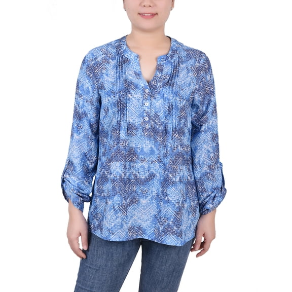NY Collection Women's Long Roll Tab Sleeve Pintuck Front Blouse