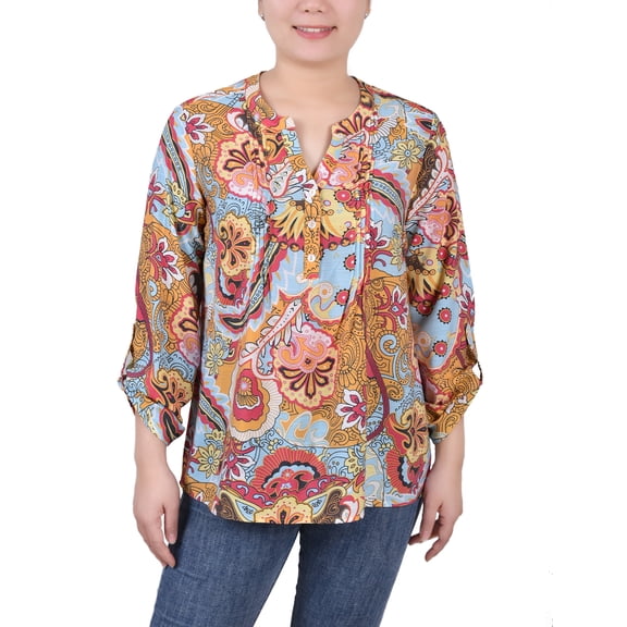 NY Collection Women's Long Roll Tab Sleeve Pintuck Front Blouse