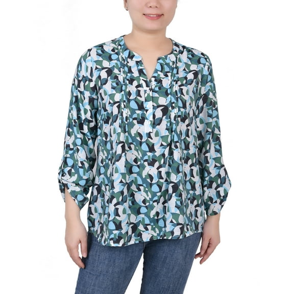 NY Collection Women's Long Roll Tab Sleeve Pintuck Front Blouse