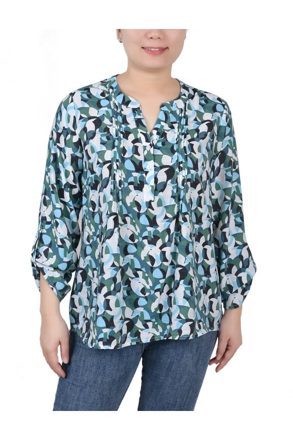 Women's Long Roll Tab Sleeve Pintuck Front Blouse