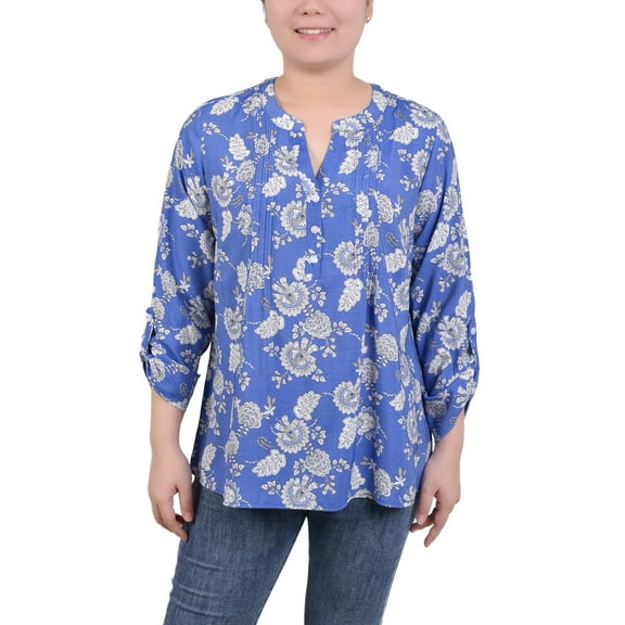 NY Collection Women's Long Roll Tab Sleeve Pintuck Front Blouse