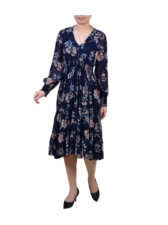 Women's Long Sleeve Clip Dot Chiffon Dress Navy Hydrolily Size S