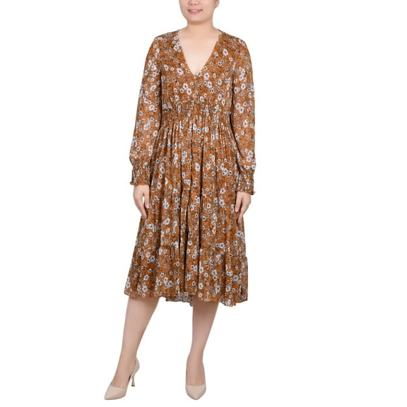 NY Collection Women's Long Sleeve Clip Dot Chiffon Dress with Smocked Waist and Cuffs