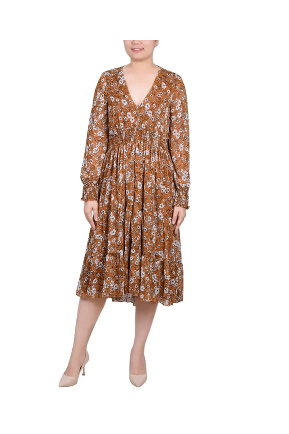 Women's Long Sleeve Clip Dot Chiffon Dress with Smocked Waist and Cuffs