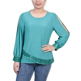 売れ筋商品|||ニューヨークコレクション カットソー トップス レディース Women's Knit Jacquard 3/4 Sleeve Roll Tab Top Peacock Blue Tie Dye Petite Knit Jacquard 3/4 Sleeve Roll Tab Top Peacock Blue