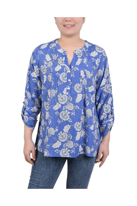 Women's Paisley Print Pleated Henley 3/4 Sleeve Top Large Coral/white