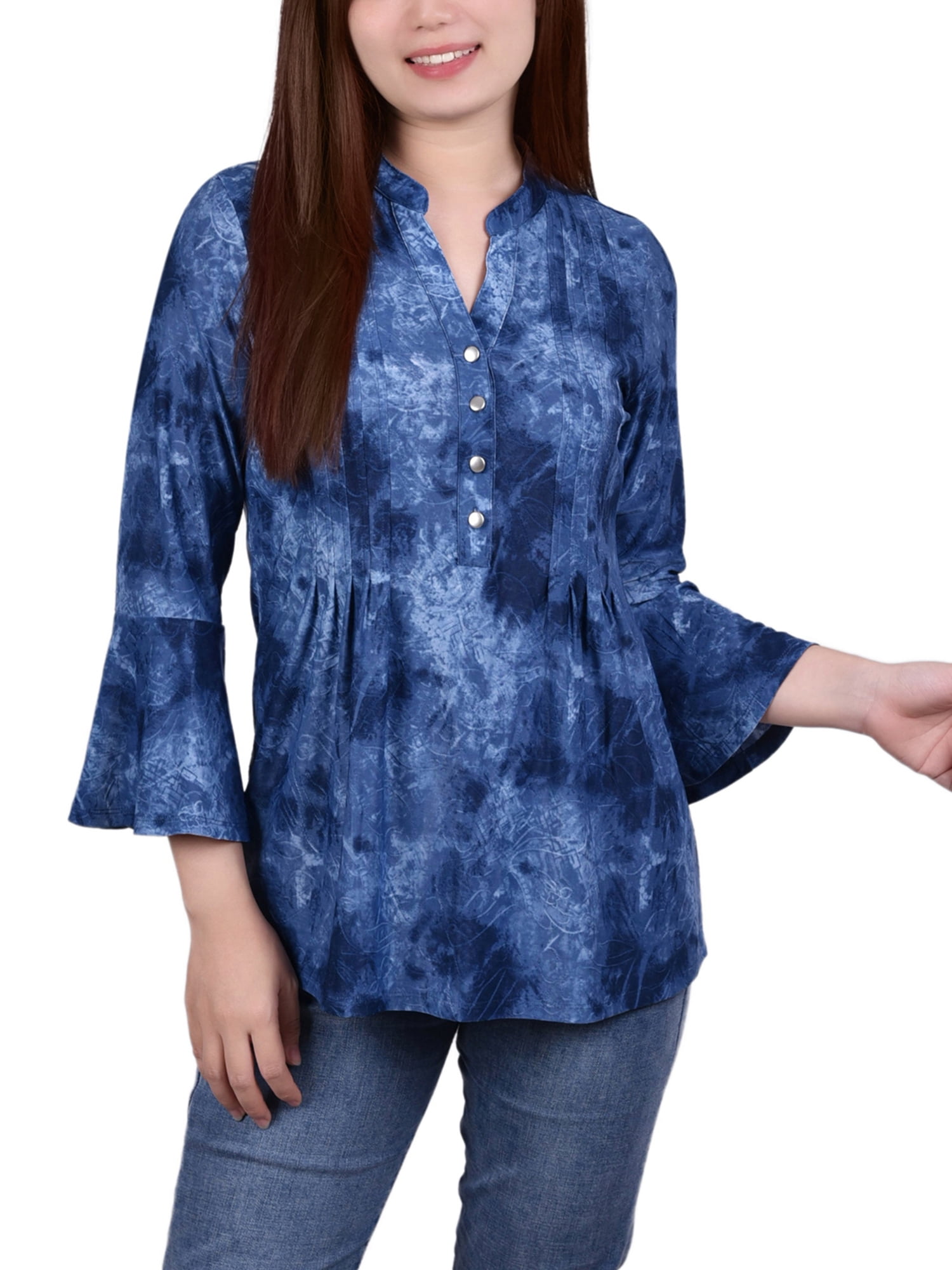 Teal Whisper 3/4 Bell Sleeve Pleat Front Y Neck Top