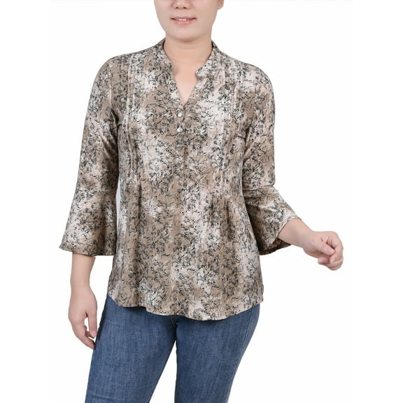 NY Collection Women's Petite 3/4 Bell Sleeve Pleat Front Y Neck Top