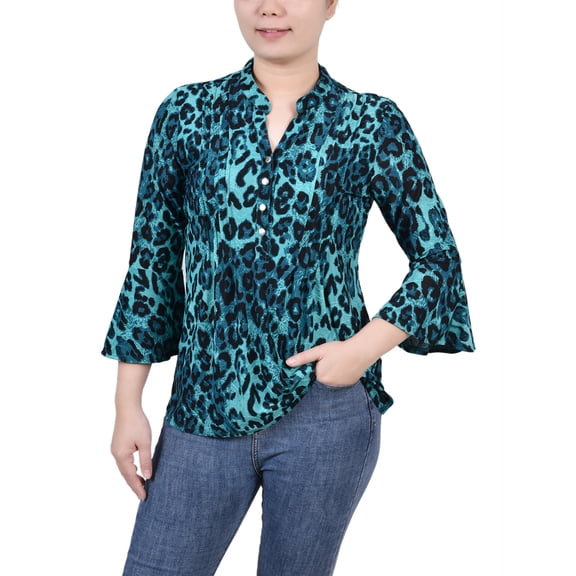 NY Collection Women's Petite 3/4 Bell Sleeve Pleat Front Y Neck Top