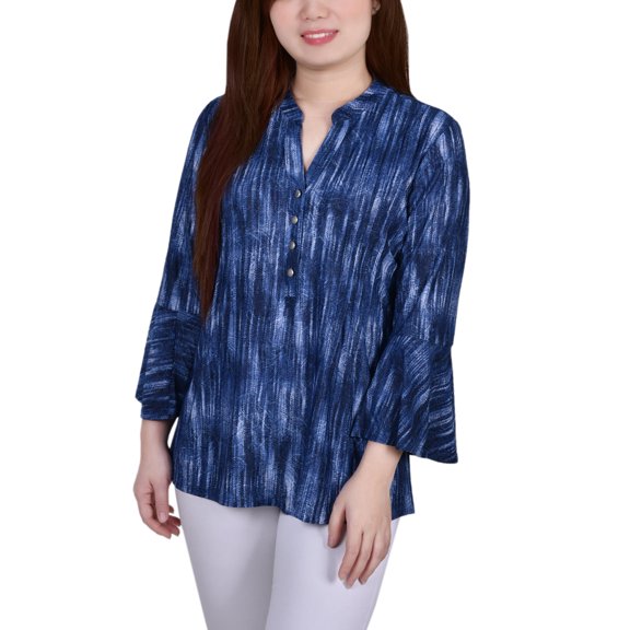 NY Collection Women's Petite 3/4 Bell Sleeve Pleat Front Y Neck Top