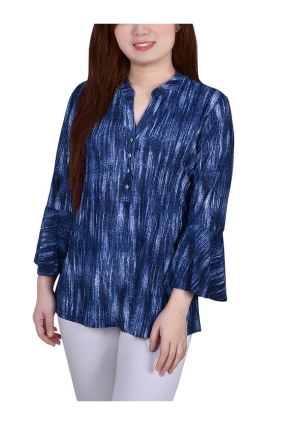 Women's Petite 3/4 Bell Sleeve Pleat Front Y Neck Top