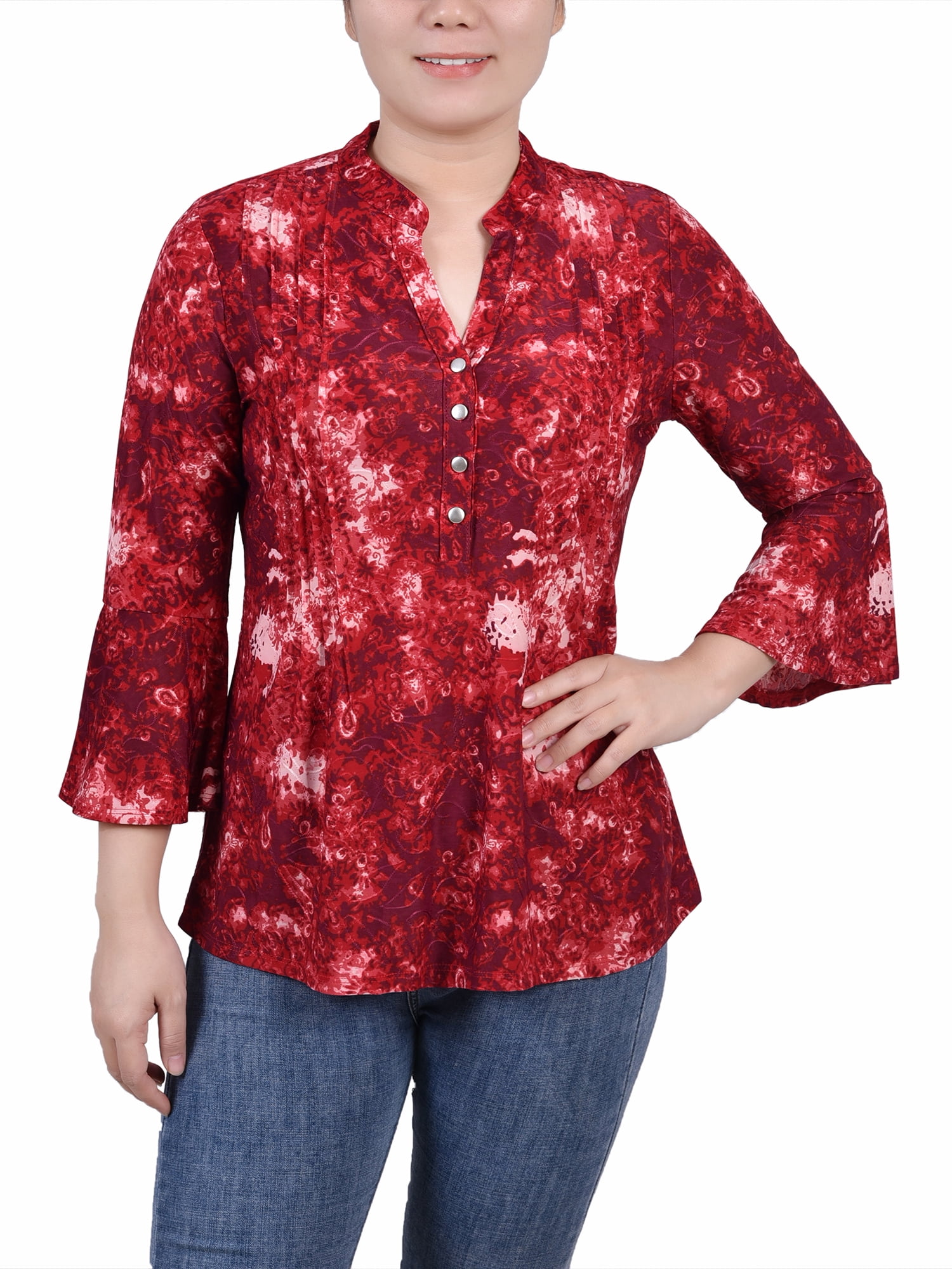 NY Collection Petite 3/4 Bell Sleeve Top With Hardware
