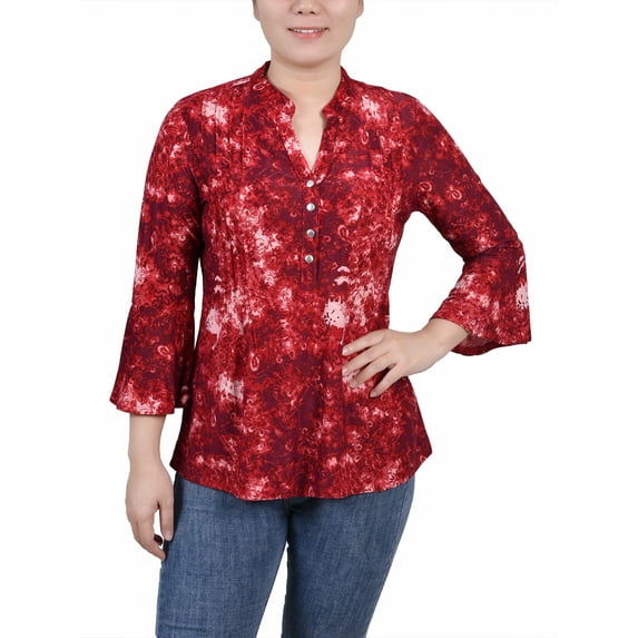 NY Collection Women's Petite 3/4 Bell Sleeve Pleat Front Y Neck Top