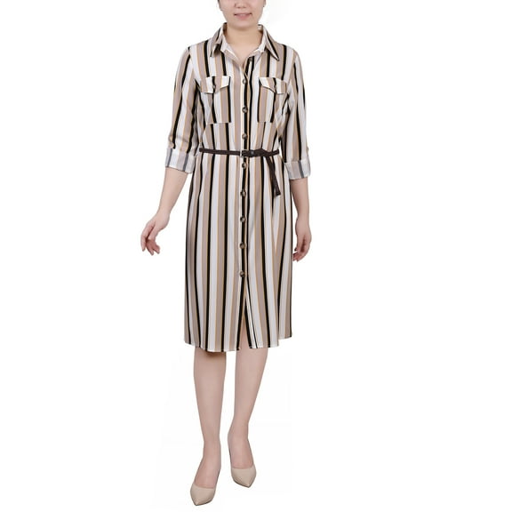 NY Collection Women's Petite 3/4 Roll Tab Sleeve Shirtdress
