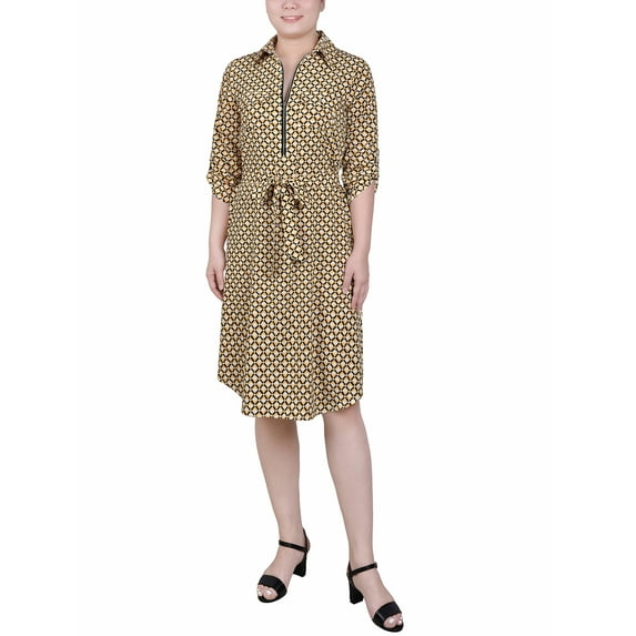NY Collection Women's Petite 3/4 Roll Tab Sleeve Zippered Shirtdress
