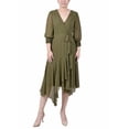 thumbnail image 1 of NY Collection Women's Petite 3/4 Sleeve Belted Chiffon Hankerchief Hem Dress, 1 of 4