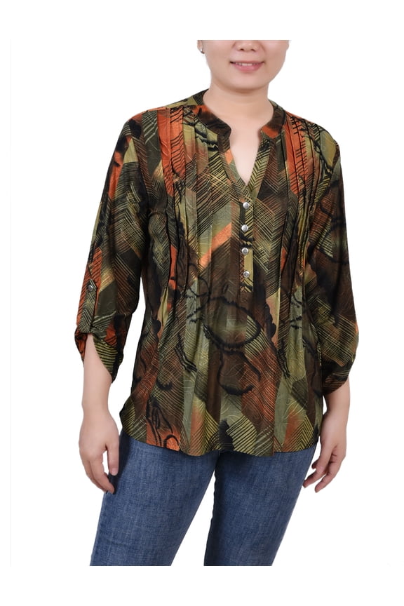 Women's Petite 3/4 Sleeve Roll Tab Y Neck Top