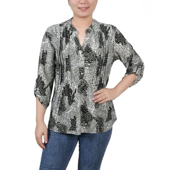 NY Collection Women's Petite 3/4 Sleeve Roll Tab Y Neck Top