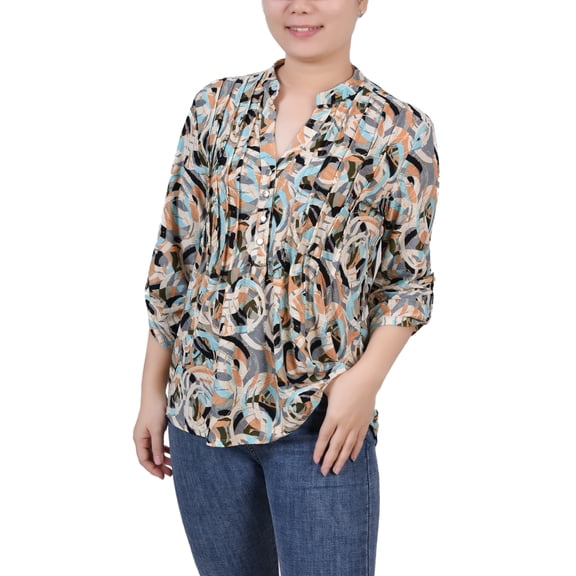 NY Collection Women's Petite 3/4 Sleeve Roll Tab Y Neck Top