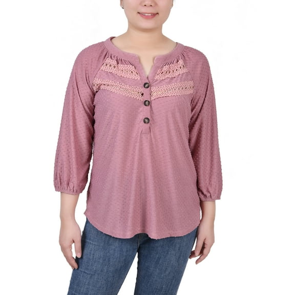 NY Collection Women's Petite 3/4 Sleeve Swiss Dot Top