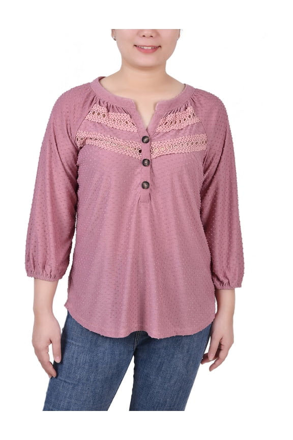 Women's Petite 3/4 Sleeve Swiss Dot Top