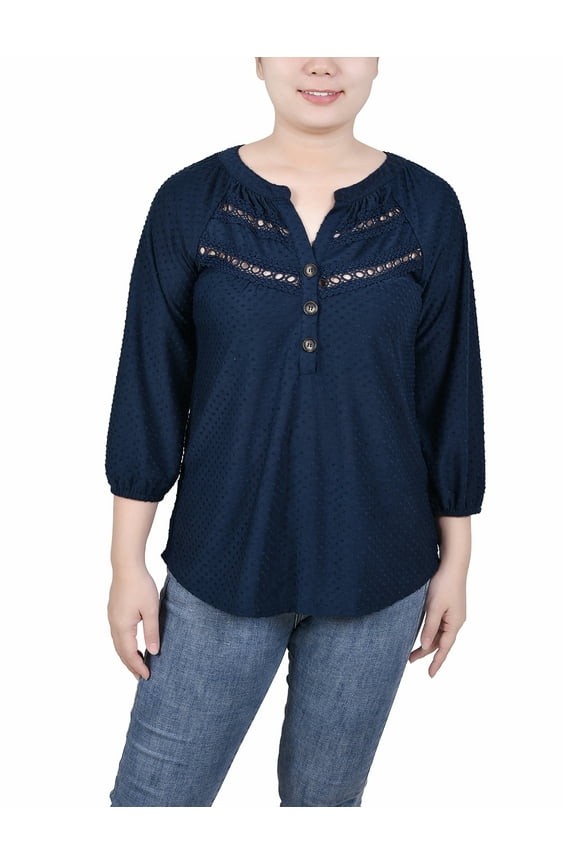 Women's Petite 3/4 Sleeve Swiss Dot Top