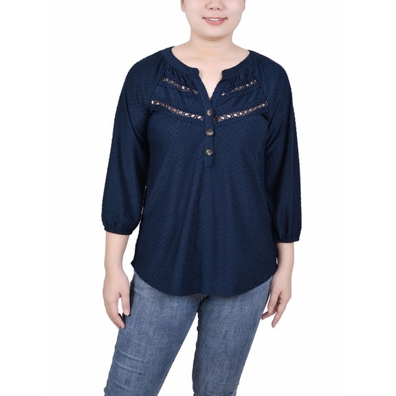 NY Collection Women's Petite 3/4 Sleeve Swiss Dot Top