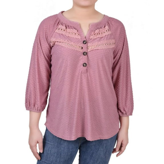 NY Collection Womens Swiss Dot Henley Blouse, Pink, Petite, PM