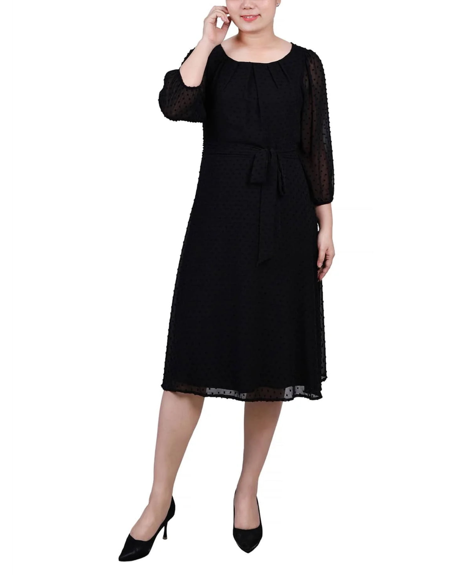 Ny Collection Petite 3/4 Sleeve Clip Dot Dress - Black - Size PL Ny Collection Petite 3/4 Sleeve Clip Dot Dress - Black - Size PL