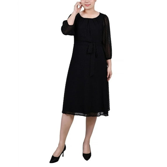 NY Collection Women's Petite Black 3/4 Sleeve Clip Dot Dress