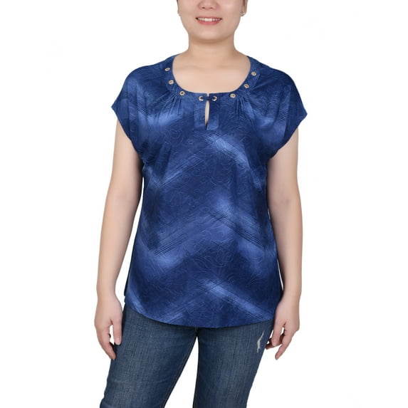 NY Collection Women's Petite Extended Sleeve Top with Grommets