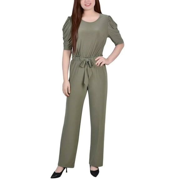 NY Collection Women's Petite Green Elbow Sleeve Jumpsuit