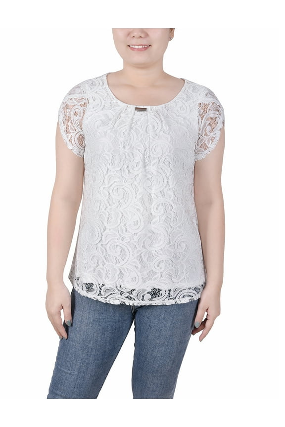 Women's Petite Lace Petal Sleeve Top