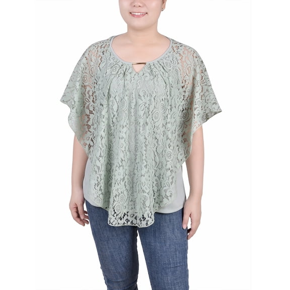 NY Collection Women's Petite Lace Poncho with Bar