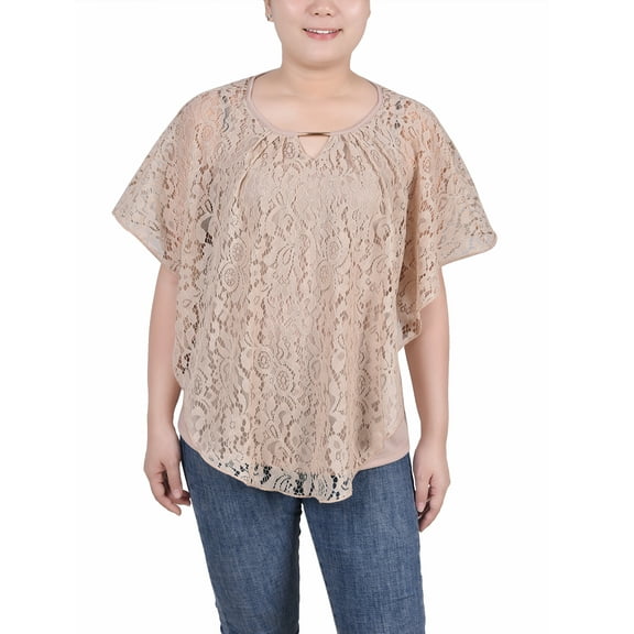 NY Collection Women's Petite Lace Poncho with Bar