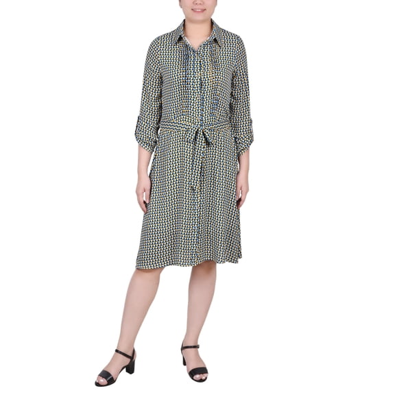 NY Collection Women's Petite Long Roll Tab Sleeve Dobby Dress
