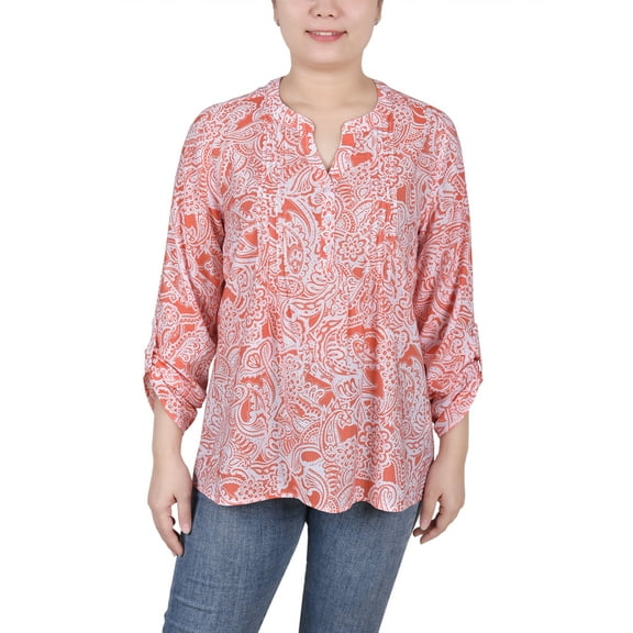 NY Collection Women's Petite Long Roll Tab Sleeve Pintuck Front Blouse