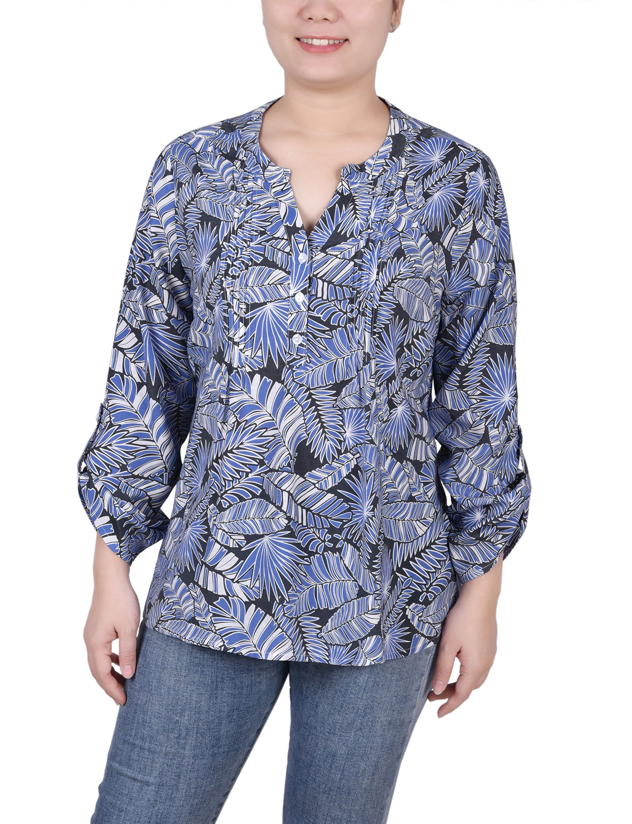 Long Tab-Sleeve Blouse With Pockets - Petite