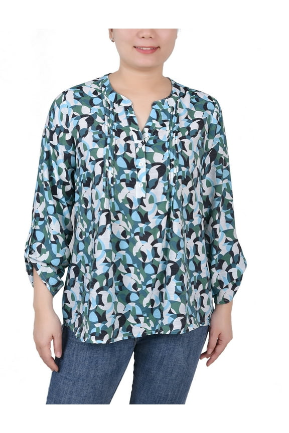 Women's Petite Long Roll Tab Sleeve Pintuck Front Blouse