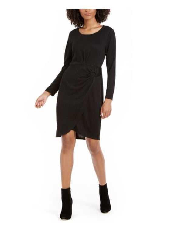Women's Petite Long-Sleeve Faux-Wrap Dress - Black Size PXS