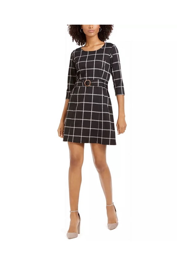 Women's Petite Plaid Belted Shift Dress Black Size Small