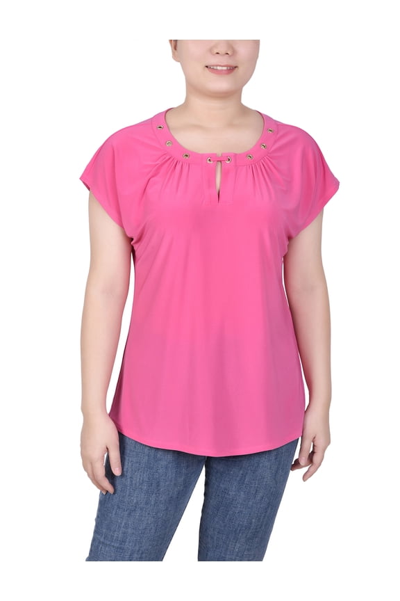Women's Petite Short Extended-Sleeve Grommet Neck Knit Top