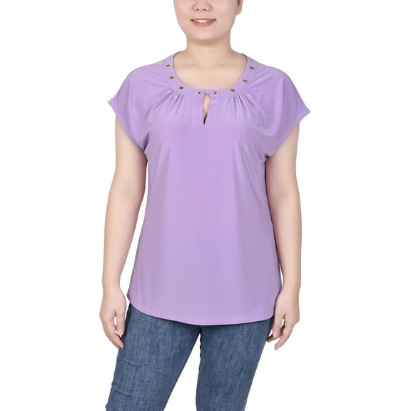 NY Collection Women's Petite Short Extended-Sleeve Grommet Neck Knit Top
