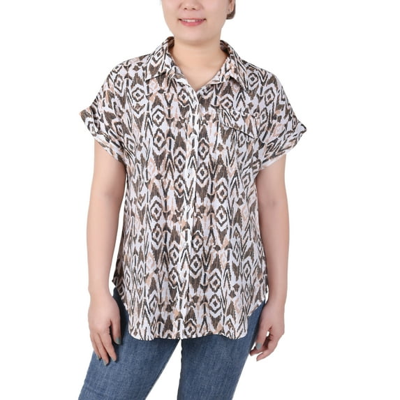 NY Collection Women's Petite Short Rolled Sleeve Button Front Blouse