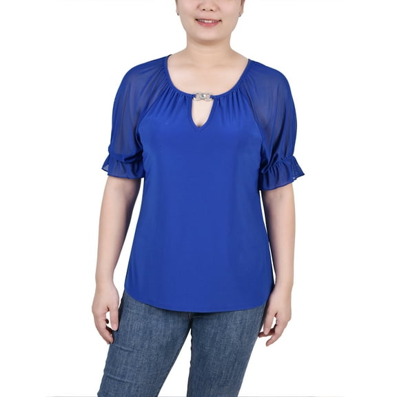 NY Collection Women's Petite Short Ruffle Sleeve Top with Rhinestones