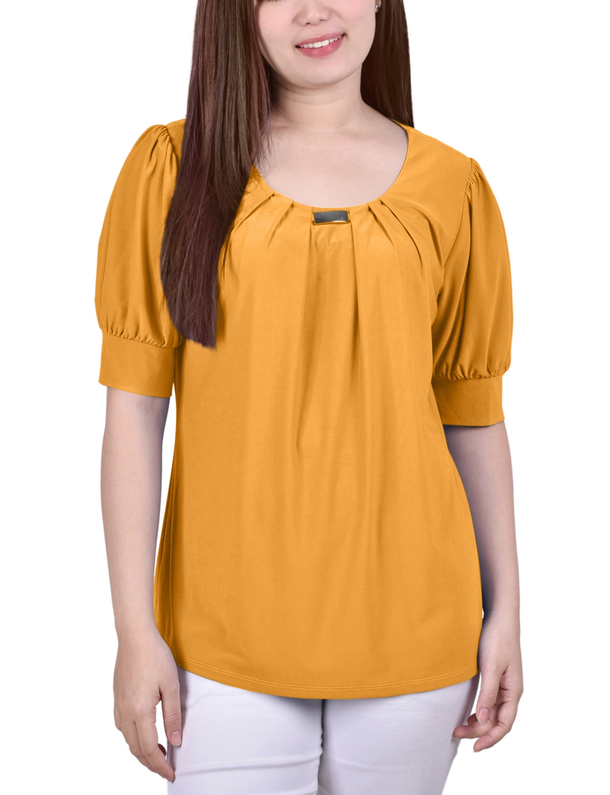 NY Collection Women's Petite Short Sleeve Balloon Sleeve Top